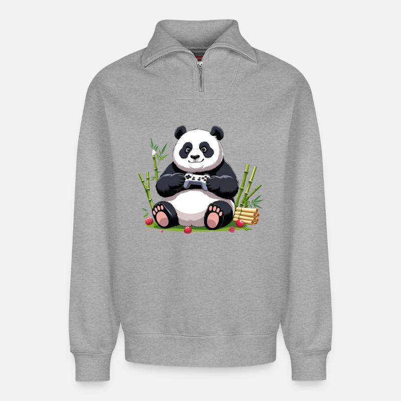 Niedlicher Panda mit Gaming-Controller - Relaxed Unisex Organic Half Zip Sweatshirt – von SPREAD - Grau meliert