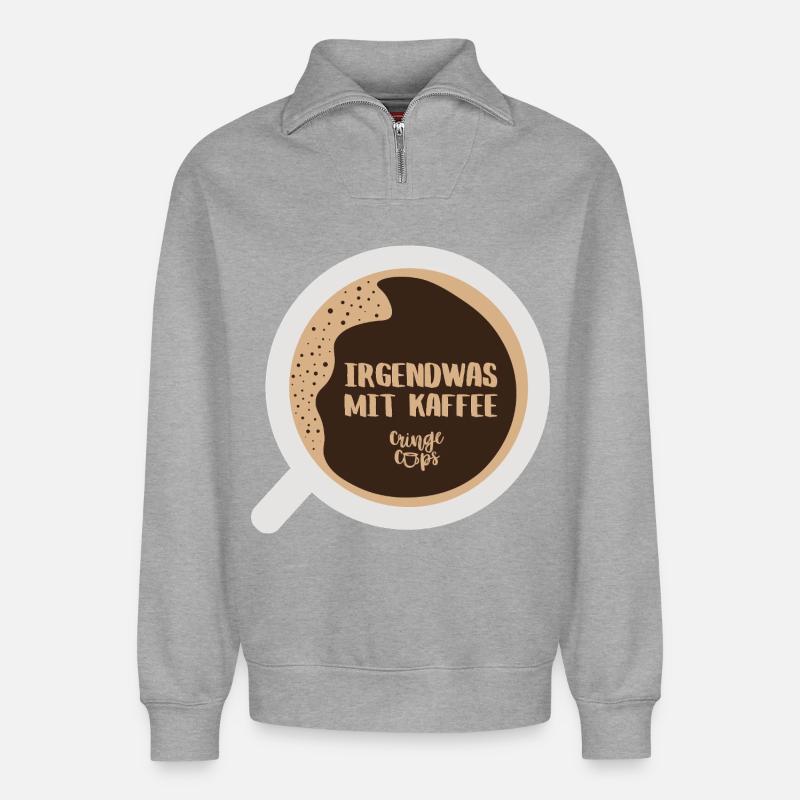 Irgendwas mit Kaffee - Relaxed Unisex Organic Half Zip Sweatshirt – von SPREAD - Grau meliert