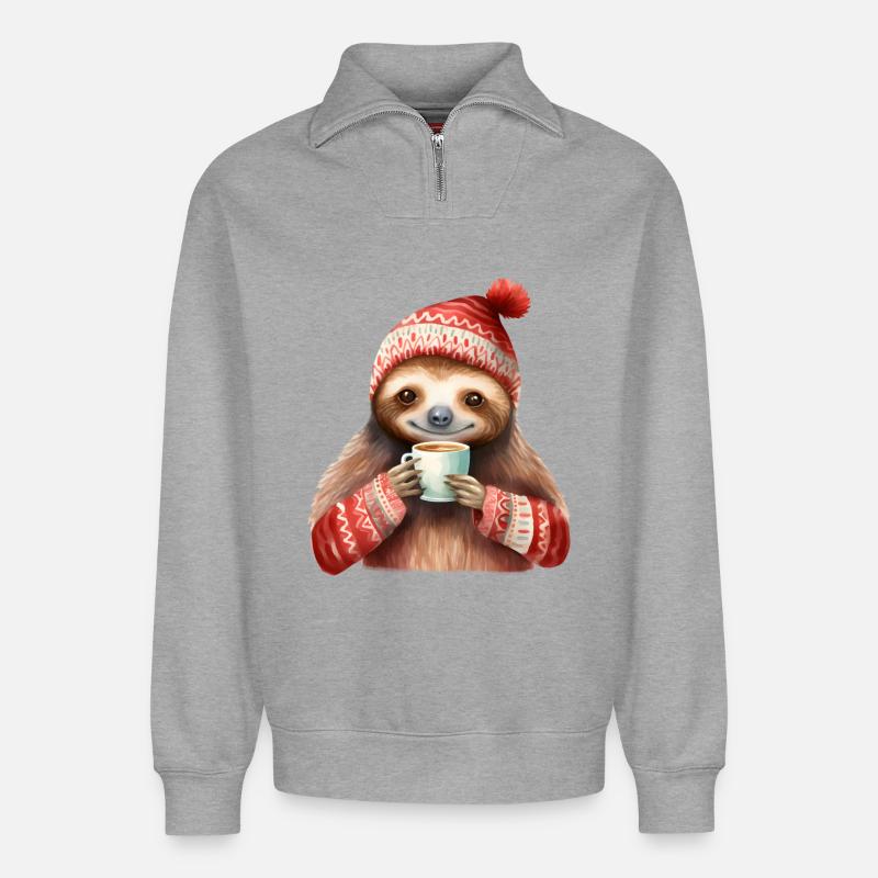 Winter-Sloth mit Kaffeebecher - Relaxed Unisex Organic Half Zip Sweatshirt – von SPREAD - Grau meliert