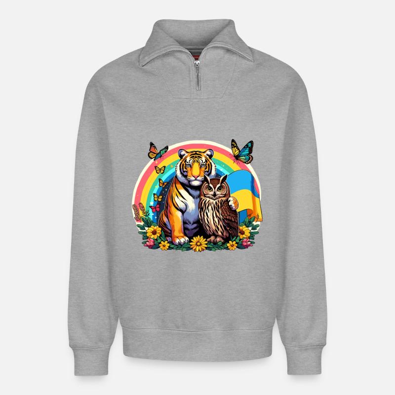 Tiger Eule Regenbogen - Relaxed Unisex Organic Half Zip Sweatshirt – von SPREAD - Grau meliert