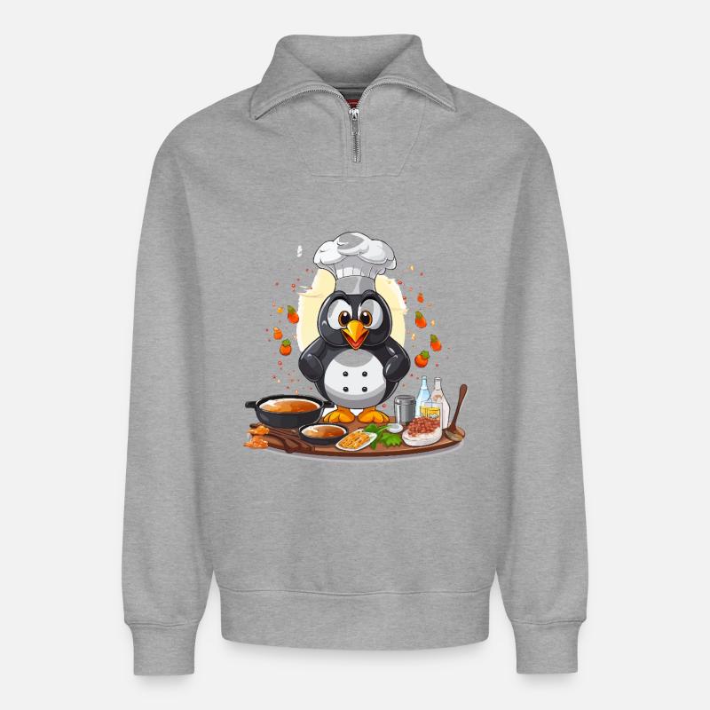 Küchenpinguin Chef Design - Relaxed Unisex Organic Half Zip Sweatshirt – von SPREAD - Grau meliert