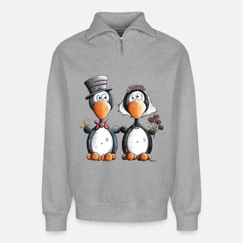 Pinguin Hochzeit - Relaxed Unisex Organic Half Zip Sweatshirt – von SPREAD - Grau meliert