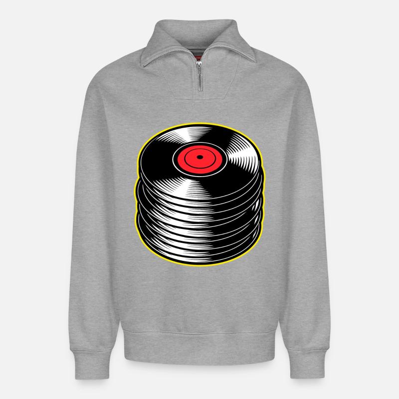 Stack d’albums vinyles - Sweat unisexe décontracté en coton biologique à demi-zip – de SPREAD - gris chiné