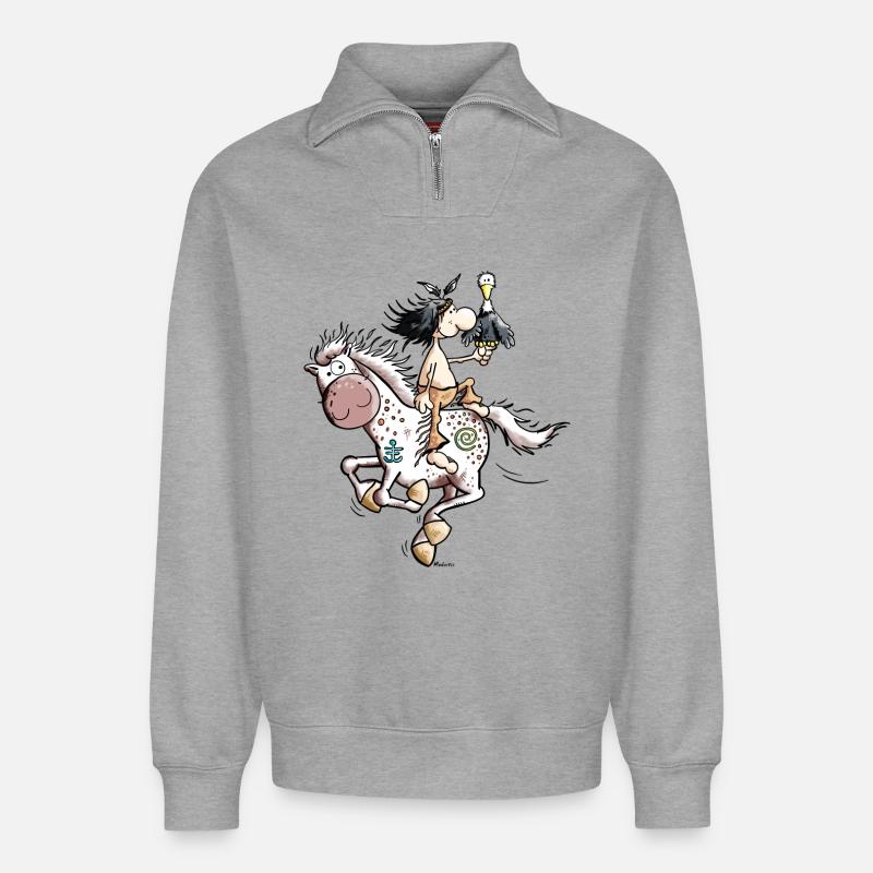 Indianer mit Pferd - Relaxed Unisex Organic Half Zip Sweatshirt – von SPREAD - Grau meliert