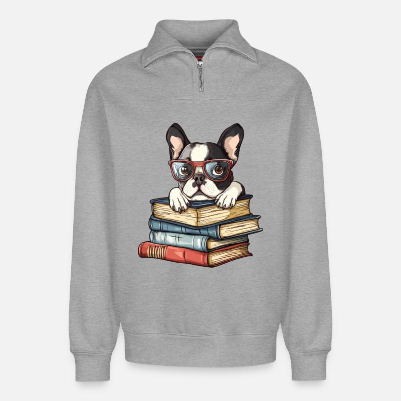 Süßes Boston-Terrier-Hundelesebuch mit Brille - Relaxed Unisex Organic Half Zip Sweatshirt – von SPREAD - Grau meliert