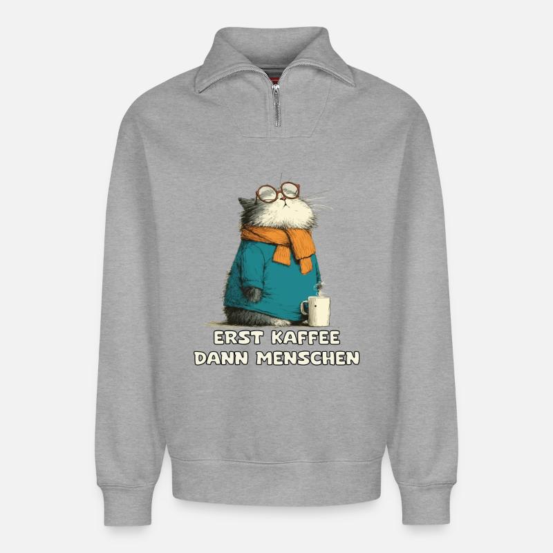 Erst Kaffee Dann Menschen Katze - Relaxed Unisex Organic Half Zip Sweatshirt – von SPREAD - Grau meliert