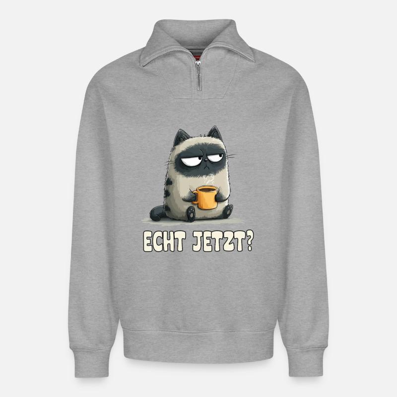 Grummelkatze mit Kaffee - Sweat unisexe décontracté en coton biologique à demi-zip – de SPREAD - gris chiné