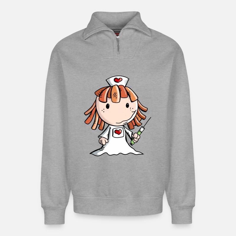 Krankenschwester Comic mit Herz und Spritze - Relaxed Unisex Organic Half Zip Sweatshirt – von SPREAD - Grau meliert