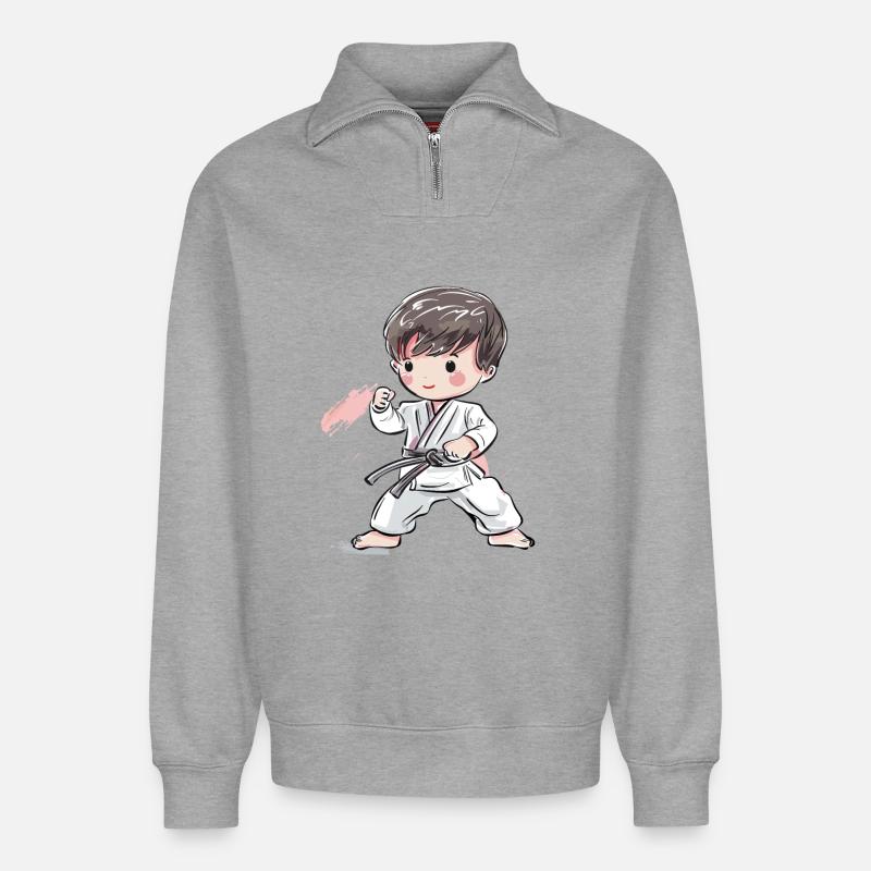Karate Junge Comic Stil - Relaxed Unisex Organic Half Zip Sweatshirt – von SPREAD - Grau meliert