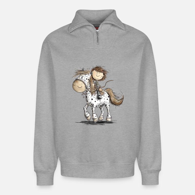 Drolliges Pferd mit Reiter Cartoon Pferdchen - Relaxed Unisex Organic Half Zip Sweatshirt – von SPREAD - Grau meliert