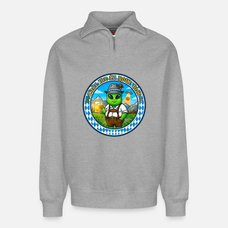 Bayern-Alien mit Bier - Relaxed Unisex Organic Half Zip Sweatshirt – von SPREAD - Grau meliert