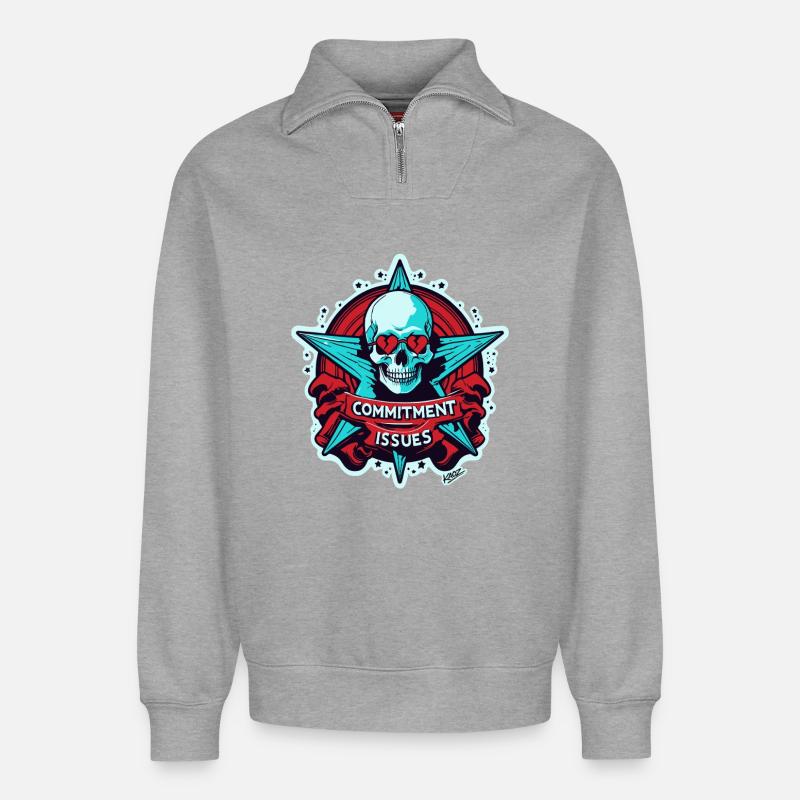 Commitment Issues Skull Badge - Relaxed Unisex Organic Half Zip Sweatshirt – by SPREAD - heather grey