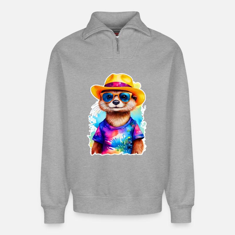 Otter mit Strohhut - Relaxed Unisex Organic Half Zip Sweatshirt – von SPREAD - Grau meliert