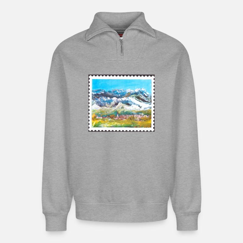 Berglandschaft mit Dorf - Relaxed Unisex Organic Half Zip Sweatshirt – von SPREAD - Grau meliert