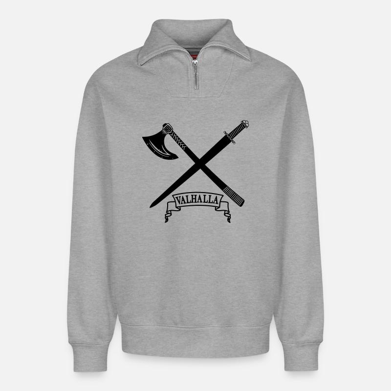 Valhalla avec hache et épée - Sweat unisexe décontracté en coton biologique à demi-zip – de SPREAD - gris chiné