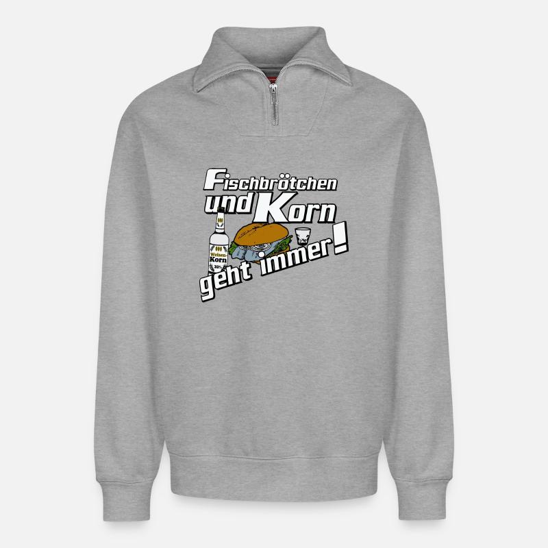 Fischbrötchen und Korn Spruch - Relaxed Unisex Organic Half Zip Sweatshirt – von SPREAD - Grau meliert