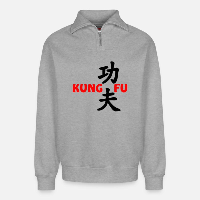 Kung Fu roter Text - Relaxed Unisex Organic Half Zip Sweatshirt – von SPREAD - Grau meliert