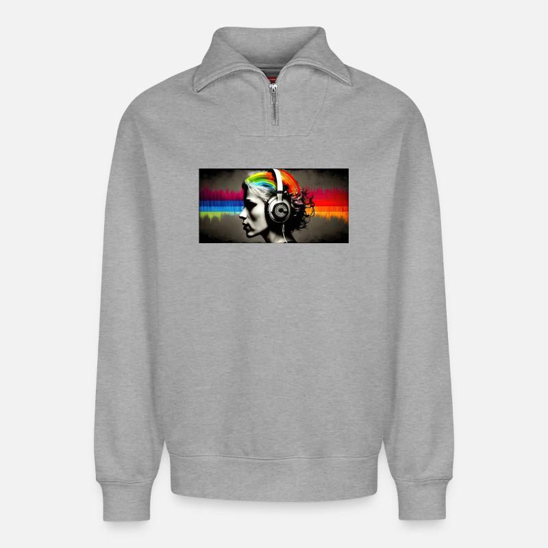 Rainbow Pulse Kopfhörer-Porträt - Relaxed Unisex Organic Half Zip Sweatshirt – von SPREAD - Grau meliert