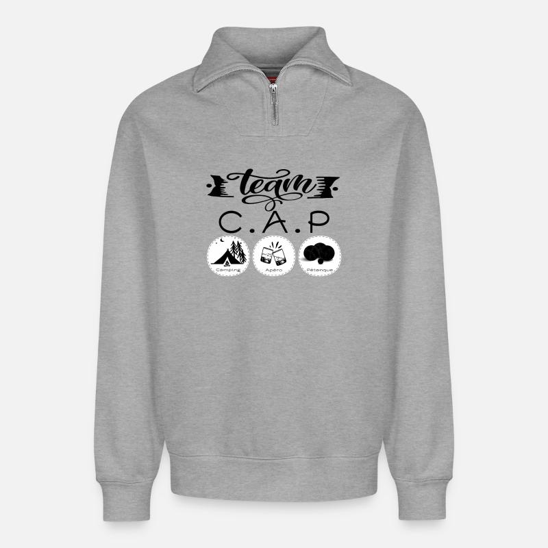 Team CAP Camping Aperitif Petanque - Relaxed Unisex Organic Half Zip Sweatshirt – von SPREAD - Grau meliert