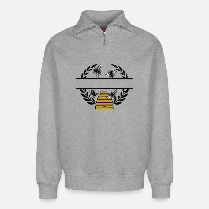 Bannière d’abeille avec ruche - Sweat unisexe décontracté en coton biologique à demi-zip – de SPREAD - gris chiné