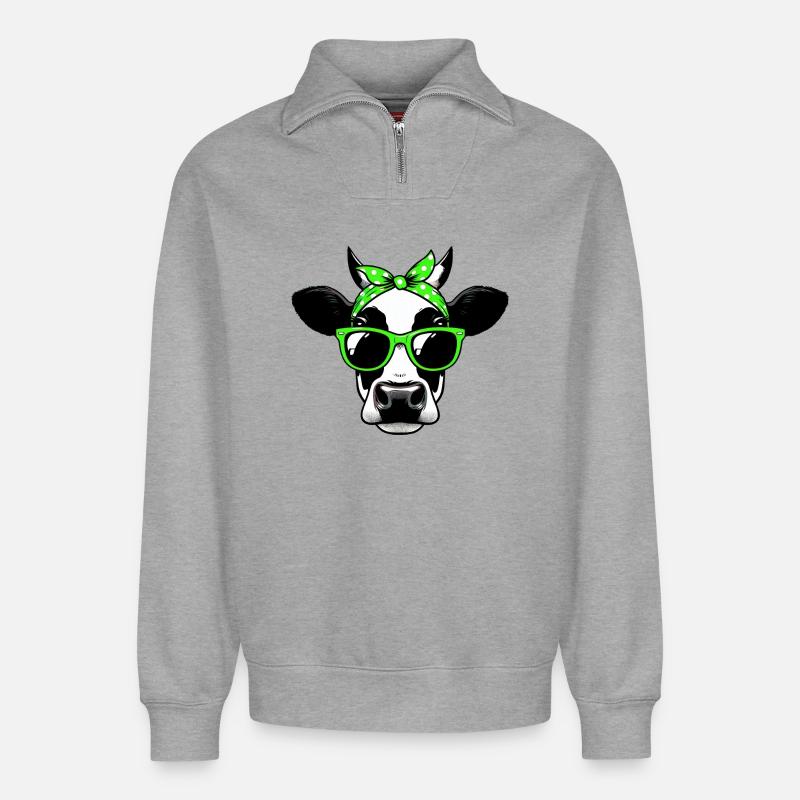 Kuh mit Sonnenbrille - Relaxed Unisex Organic Half Zip Sweatshirt – von SPREAD - Grau meliert