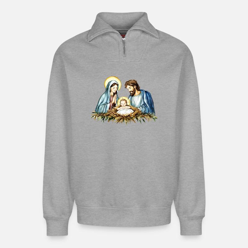 Weihnachtspullover Weihnachten an der Krippe Jesus - Relaxed Unisex Organic Half Zip Sweatshirt – von SPREAD - Grau meliert