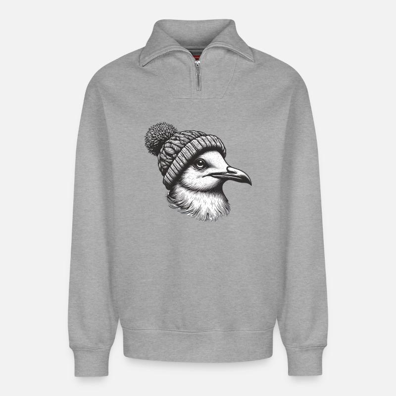 Möwe mit Pudelmütze - Relaxed Unisex Organic Half Zip Sweatshirt – von SPREAD - Grau meliert
