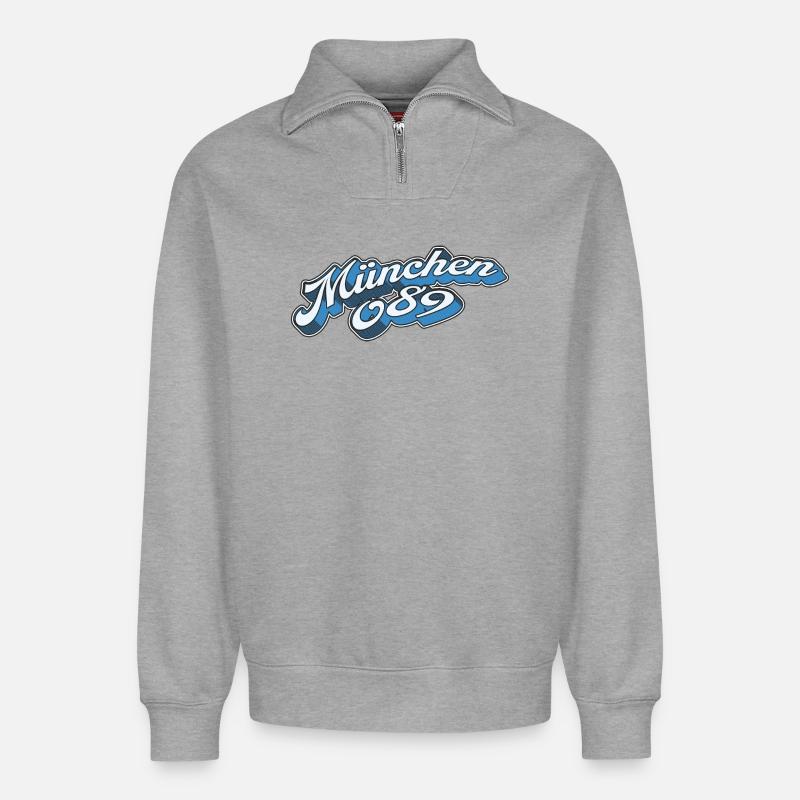 München 089 Retro Minga  - Relaxed Unisex Organic Half Zip Sweatshirt – von SPREAD - Grau meliert
