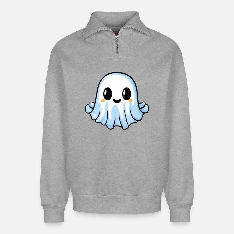 Geist Kawaii Comic Halloween - Relaxed Unisex Organic Half Zip Sweatshirt – von SPREAD - Grau meliert