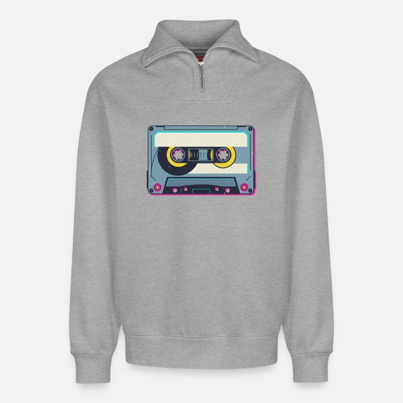 Retro Kassette - Relaxed Unisex Organic Half Zip Sweatshirt – von SPREAD - Grau meliert