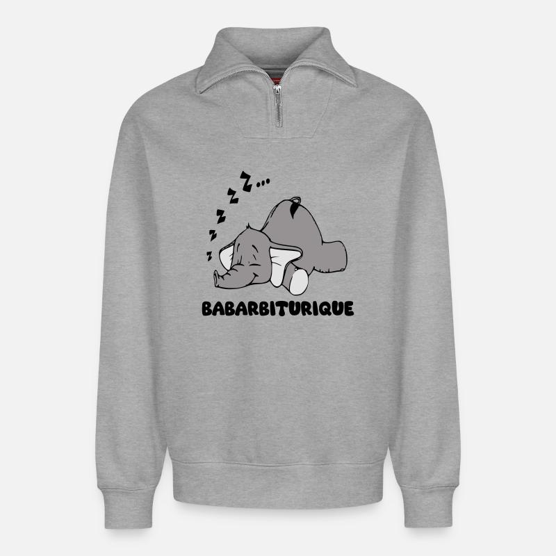 Schlafender Elefant mit dem Titel Babarbituric - Relaxed Unisex Organic Half Zip Sweatshirt – von SPREAD - Grau meliert