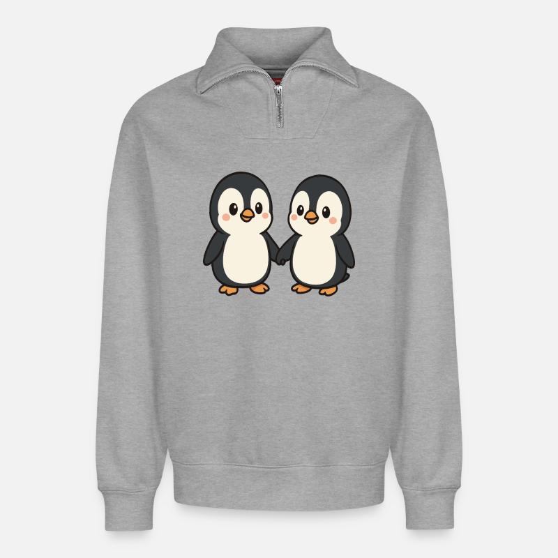 Zwei Pinguine Händchenhaltend - Relaxed Unisex Organic Half Zip Sweatshirt – von SPREAD - Grau meliert