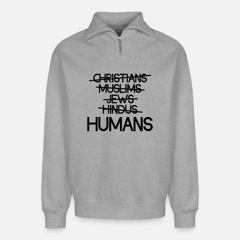 Menschen über Religion – Botschaft - Relaxed Unisex Organic Half Zip Sweatshirt – von SPREAD - Grau meliert