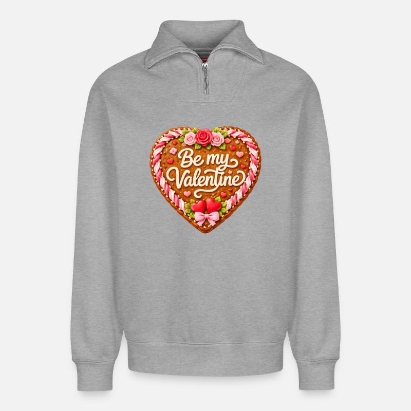 Lebkuchenherz Be my Valentine - Relaxed Unisex Organic Half Zip Sweatshirt – von SPREAD - Grau meliert