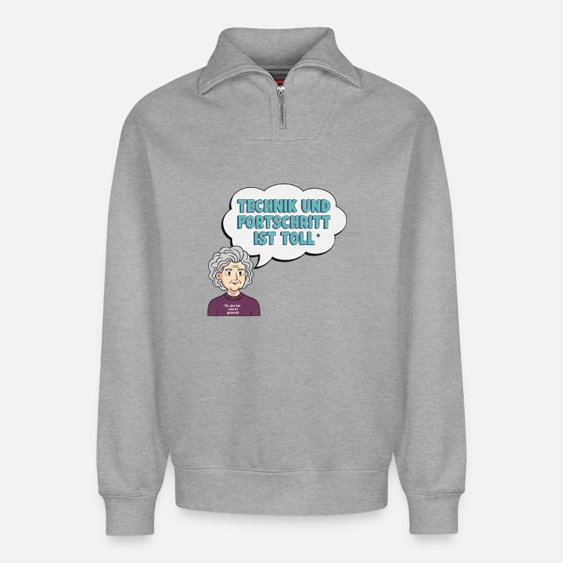 Technikliebe mit Oma Comic - Relaxed Unisex Organic Half Zip Sweatshirt – von SPREAD - Grau meliert
