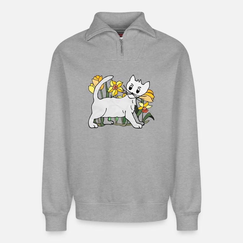 chat - Sweat unisexe décontracté en coton biologique à demi-zip – de SPREAD - gris chiné
