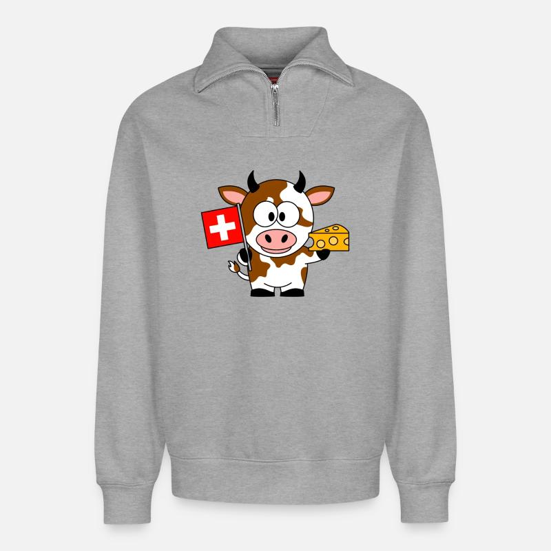 Kuh mit Schweizer Flagge Käse - Relaxed Unisex Organic Half Zip Sweatshirt – von SPREAD - Grau meliert