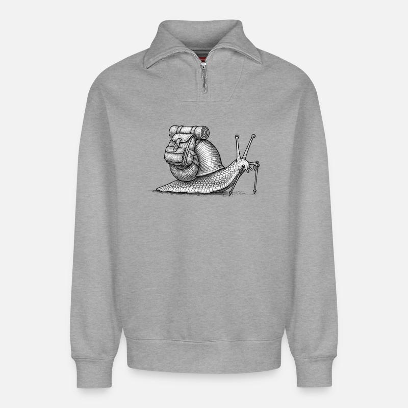 Snail Trekker mit Rucksack - Relaxed Unisex Organic Half Zip Sweatshirt – von SPREAD - Grau meliert
