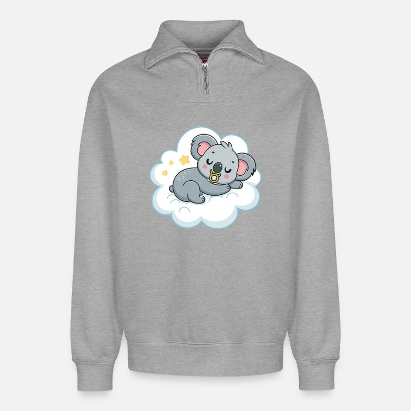 Dreamy Koala on Pacifier Cloud - Relaxed Unisex Organic Half Zip Sweatshirt – by SPREAD - heather grey