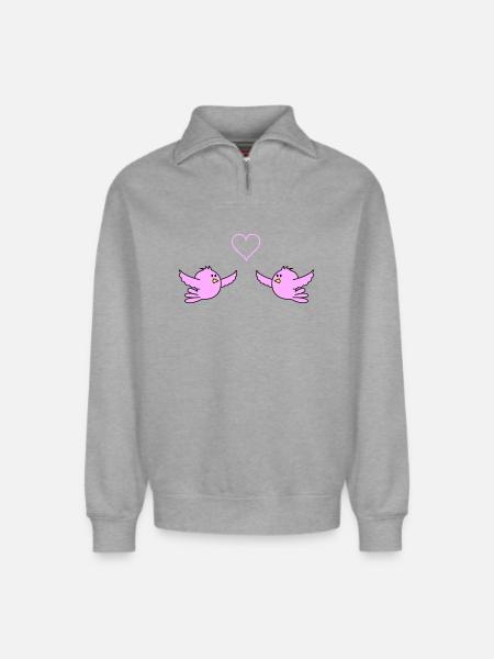 birds_in_love - Sweat unisexe décontracté en coton biologique à demi-zip – de SPREAD - gris chiné