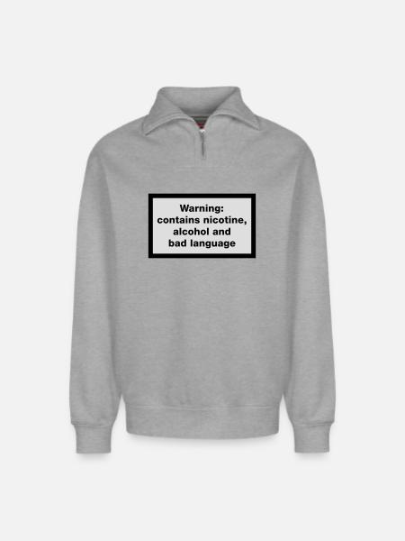 Warning: contains, nicotine, alcohol and bad - Relaxed Unisex Organic Half Zip Sweatshirt – by SPREAD - heather grey