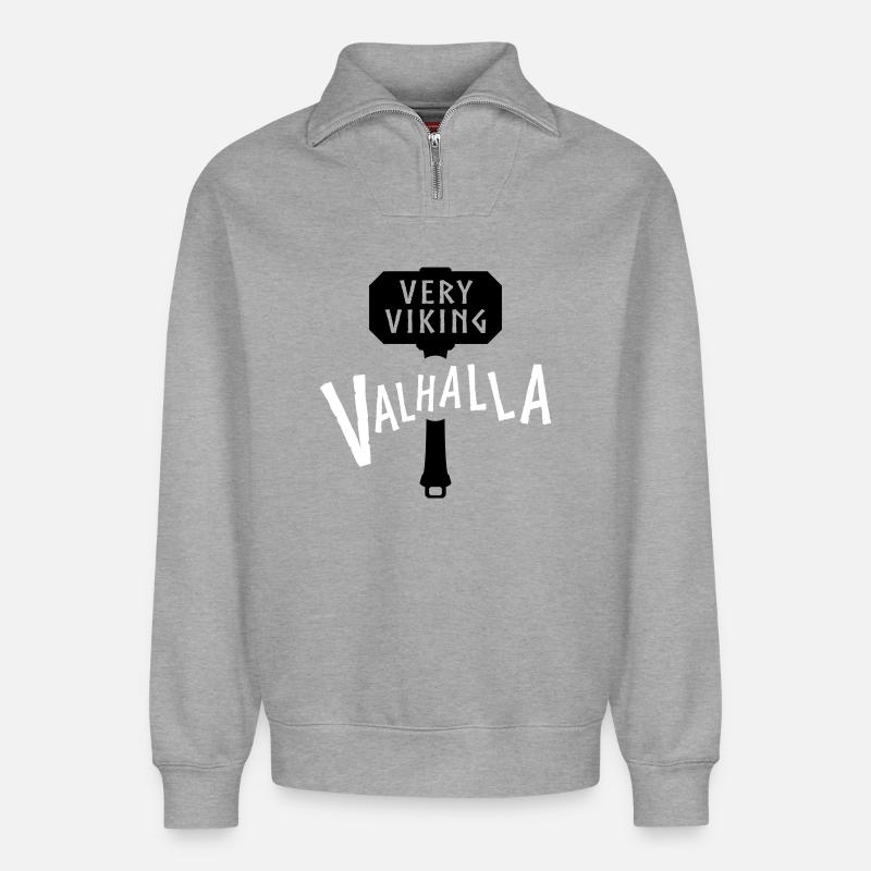 Walhalla Nordisches Krieger-Emblem - Relaxed Unisex Organic Half Zip Sweatshirt – von SPREAD - Grau meliert