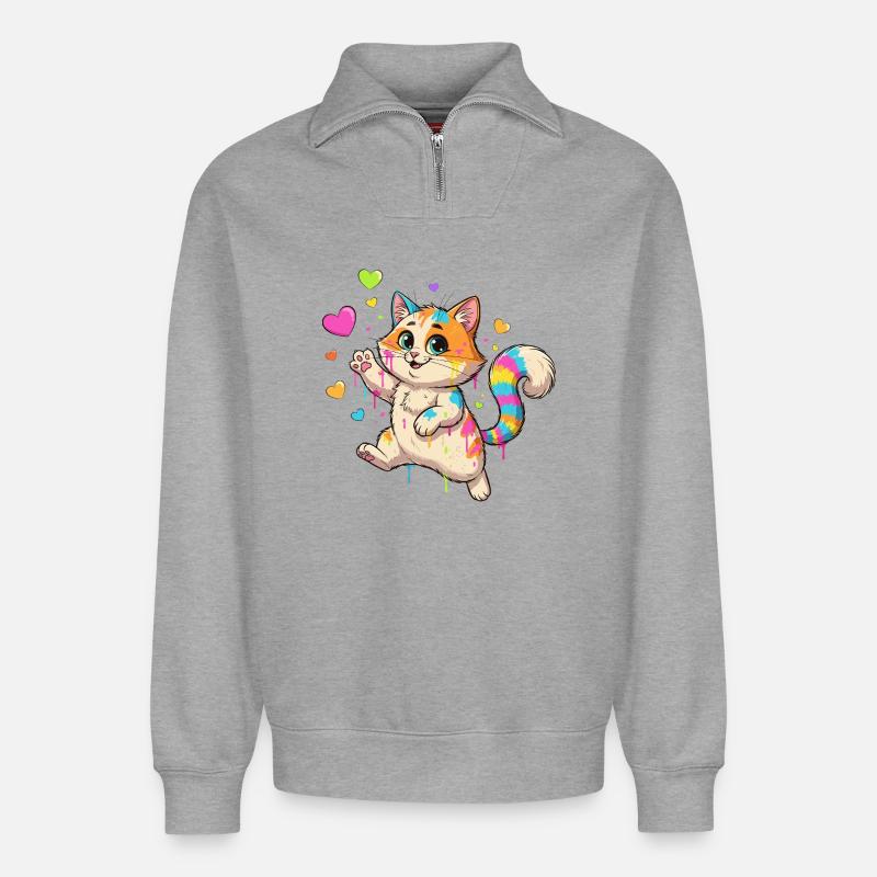 Bunte Farbklecks Katze - Relaxed Unisex Organic Half Zip Sweatshirt – von SPREAD - Grau meliert