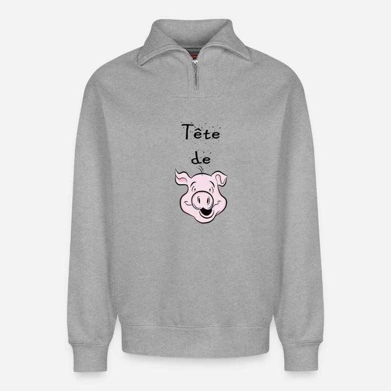 tête de cochon - Sweat unisexe décontracté en coton biologique à demi-zip – de SPREAD - gris chiné