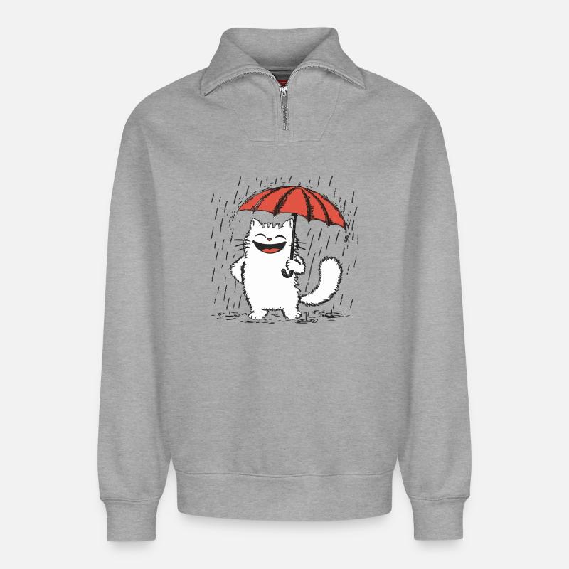 Chat heureux sous la pluie - Sweat unisexe décontracté en coton biologique à demi-zip – de SPREAD - gris chiné