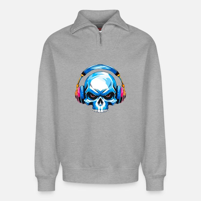 Skull mit kopfhörer - Relaxed Unisex Organic Half Zip Sweatshirt – von SPREAD - Grau meliert