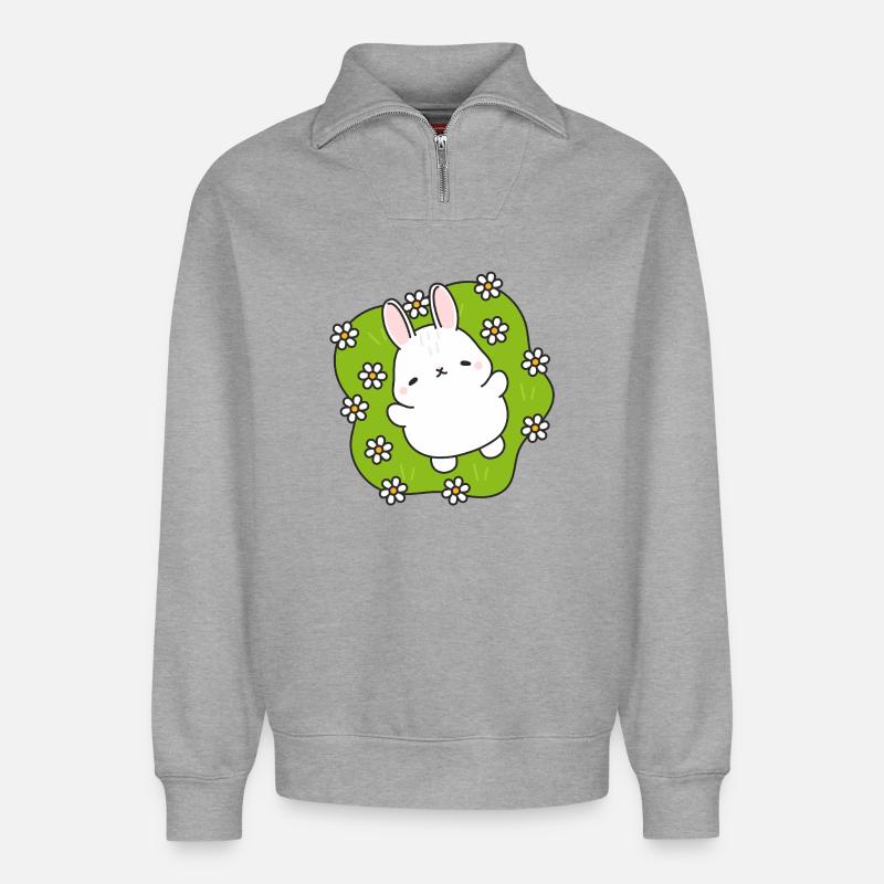 Lapin mignon au jardin fleuri - Sweat unisexe décontracté en coton biologique à demi-zip – de SPREAD - gris chiné