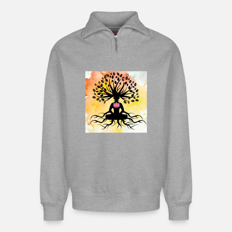 Lotus Buddha Baum des Lebens - Relaxed Unisex Organic Half Zip Sweatshirt – von SPREAD - Grau meliert