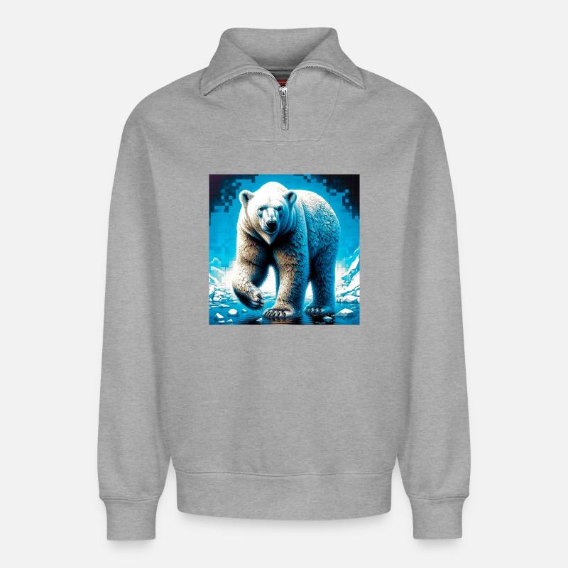 ours blanc - Sweat unisexe décontracté en coton biologique à demi-zip – de SPREAD - gris chiné