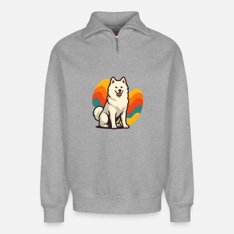 Chien Samoyède Prisme Retro Wave - Sweat unisexe décontracté en coton biologique à demi-zip – de SPREAD - gris chiné